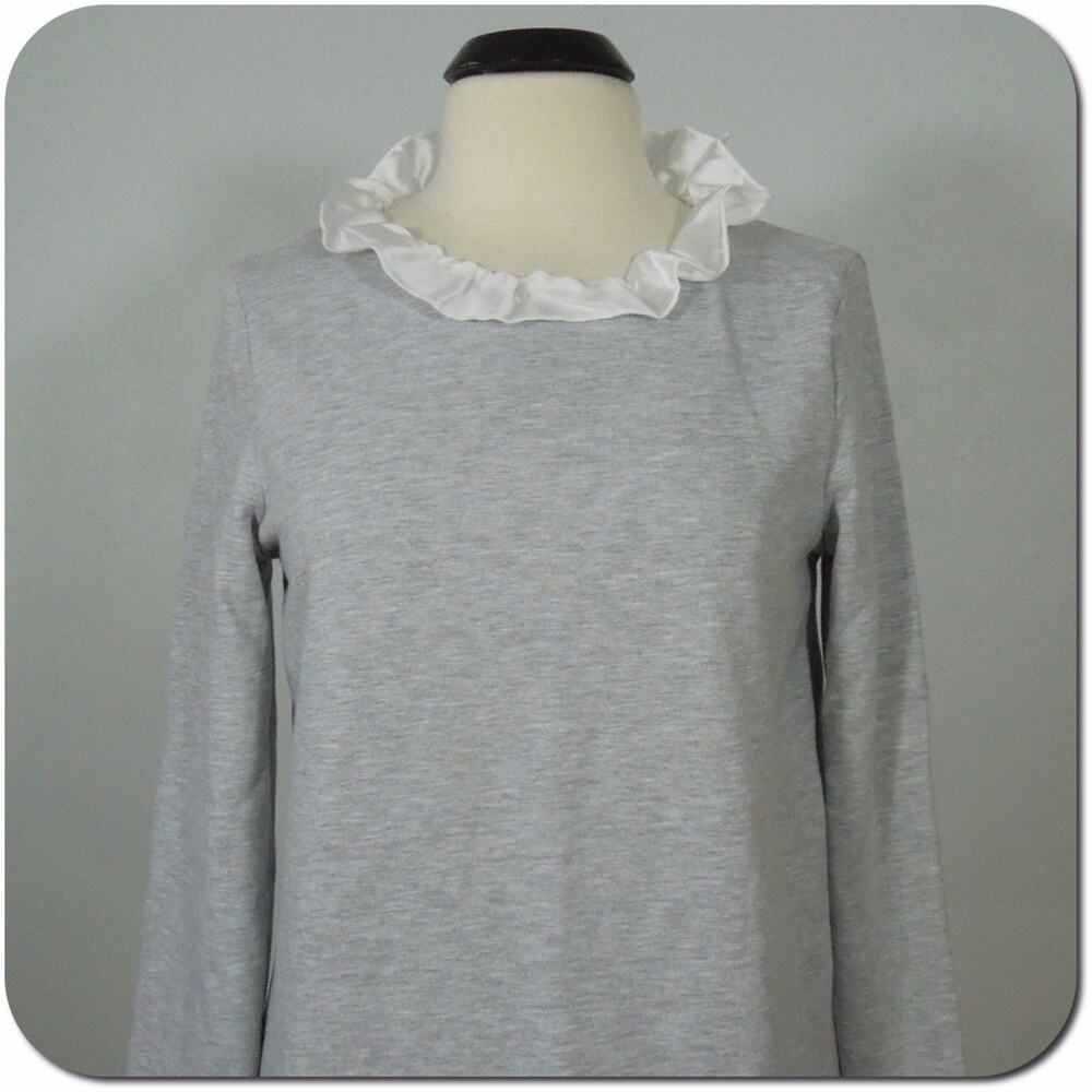 JEUVRE Top L LARGE Womens Gray Shiny White Ruffle Trims Long Sleeves